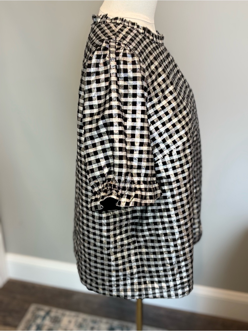 J.Crew Metallic Silver & Black Gingham Puff Sleeve Top Women’s XXL - Picture 2 of 6